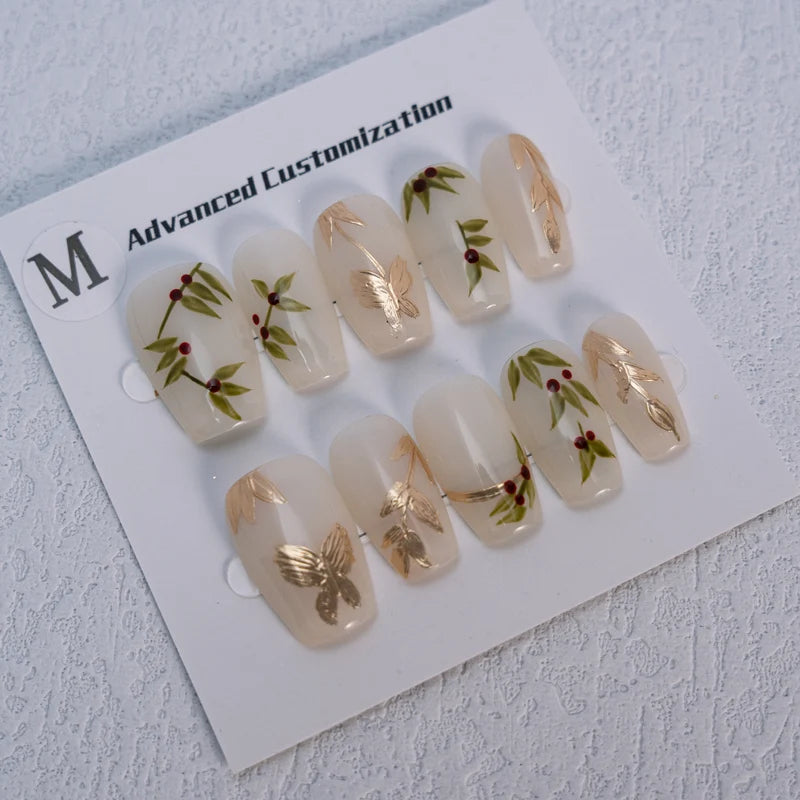 Pure Hand Painting Aesthetic Flowers Artificial Nails Handmade False Nails