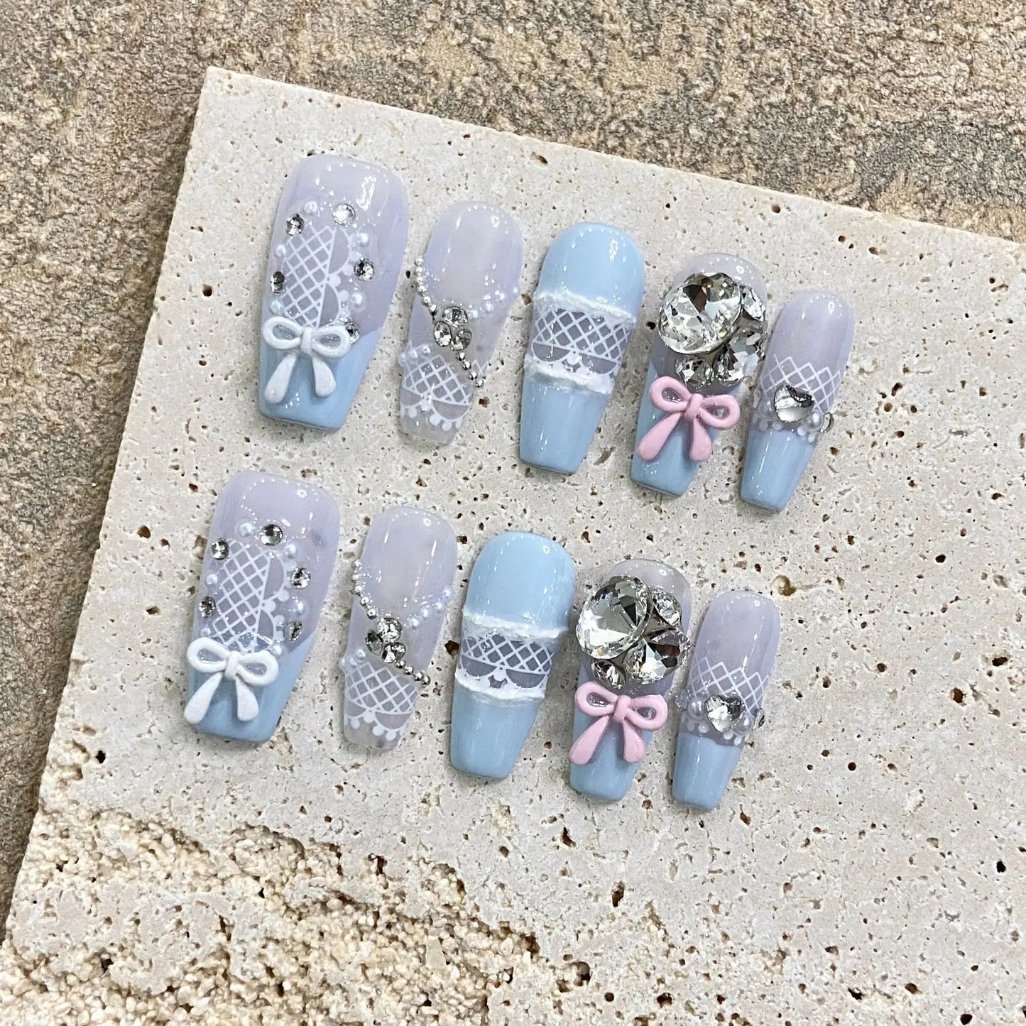Nuevo estilo, dulce lazo azul, uñas postizas desmontables, hechas a mano, acrílicas, reutilizables, con pegamento, uñas postizas realistas.