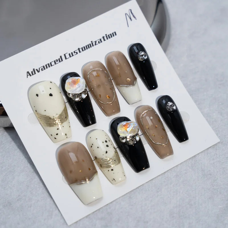 10 uñas postizas artificiales con diseño de uñas de imitación de lujo con brillo mate.