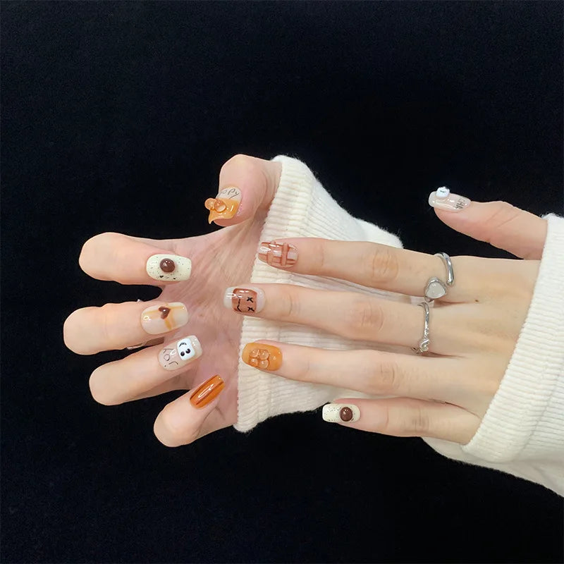 Cartoon Hand-painted Short Handmade Gel Stick on Nails Manicure Patches