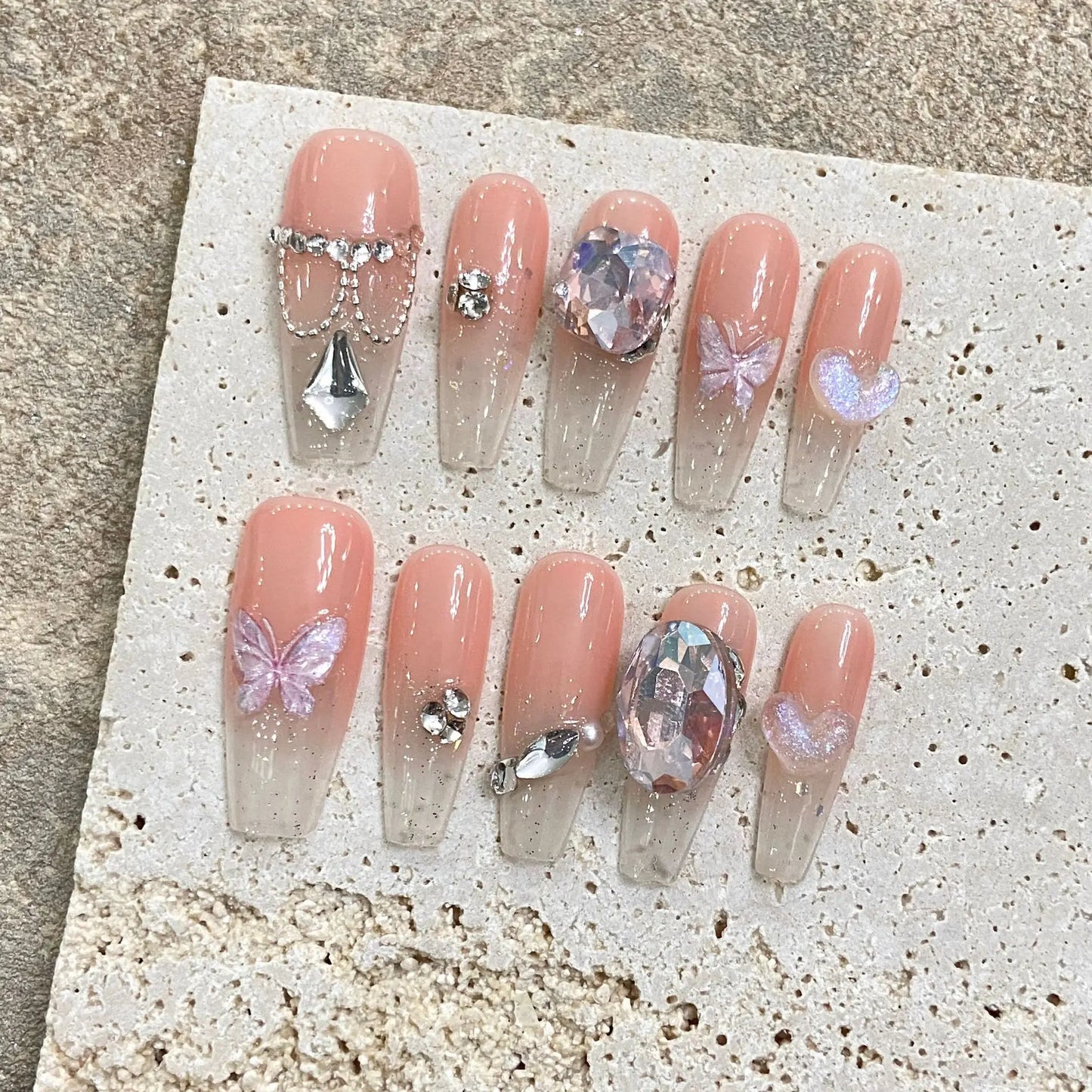 Uñas postizas francesas reutilizables de alta calidad con purpurina, estilo chic y dulce, hechas a mano.