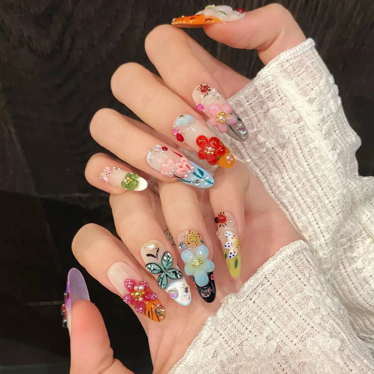 Uñas postizas acrílicas reutilizables, uñas postizas color nude, uñas postizas francesas almendradas