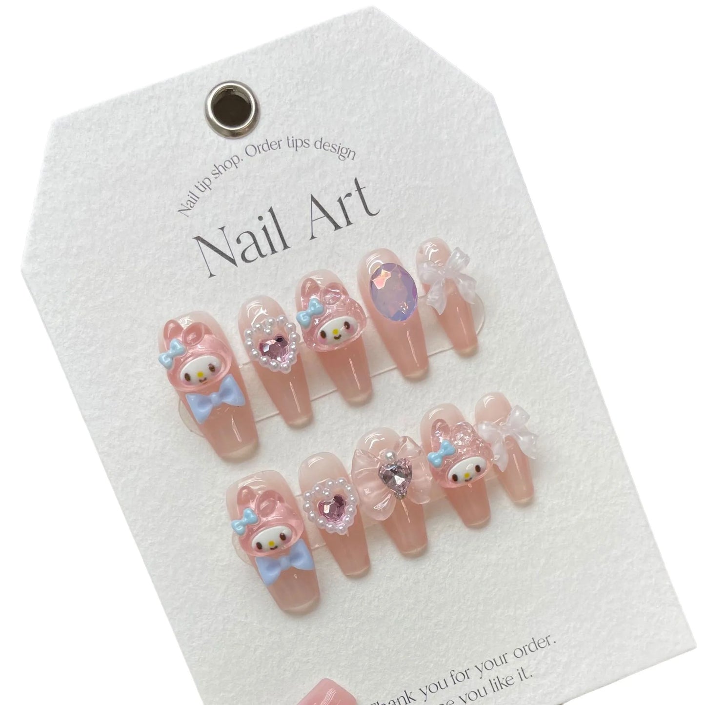 Uñas postizas de gel rosa de dibujos animados, hermosas uñas kawaii lindas, uñas adhesivas