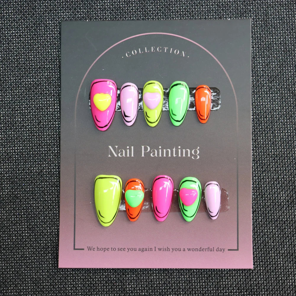 Uñas postizas acrílicas de alta calidad, coloridas, cortas, con forma de corazón de almendra.