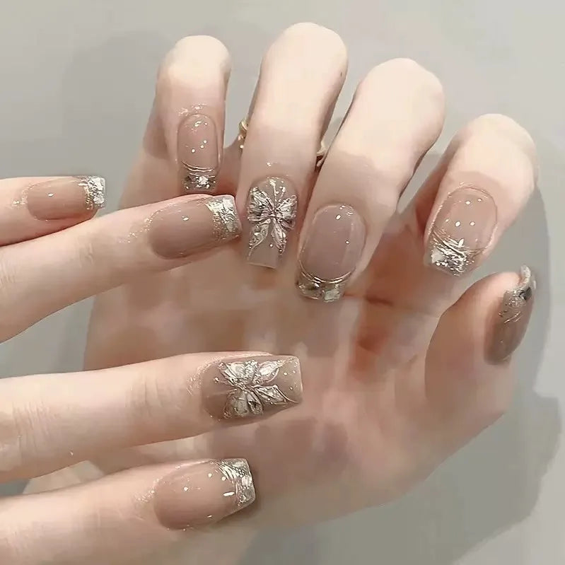 Uñas postizas acrílicas reutilizables, uñas postizas color nude, uñas postizas francesas almendradas
