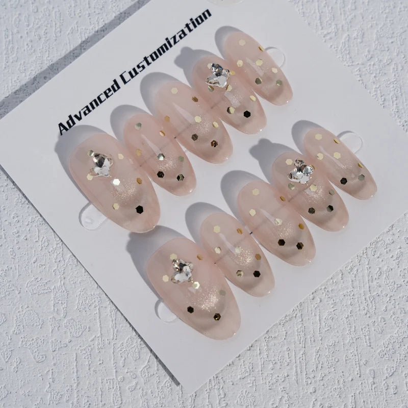 Taladro con diseño decorativo de gotas de agua, almendras, uñas prensadas francesas Hepburn hechas a mano