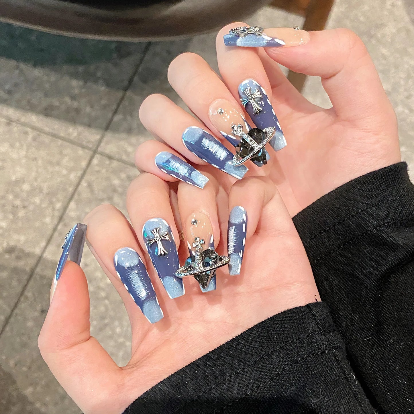 Fake Nails Blue Cool Style High Quality Acrylic False Nails Long Square Press on Nails
