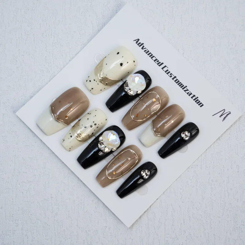 10 uñas postizas artificiales con diseño de uñas de imitación de lujo con brillo mate.