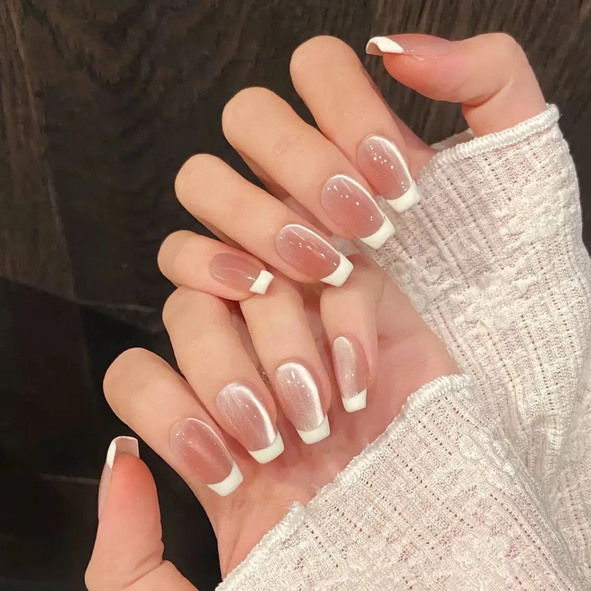 Uñas postizas acrílicas reutilizables, uñas postizas color nude, uñas postizas francesas almendradas