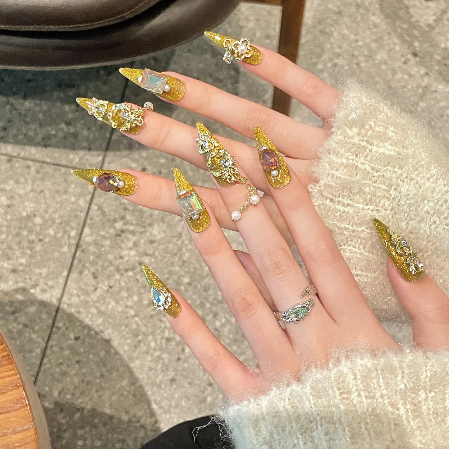 Autumn Luxury 3D Diamonds Style Handmade False Nails Gold Long Tips Press on Nails