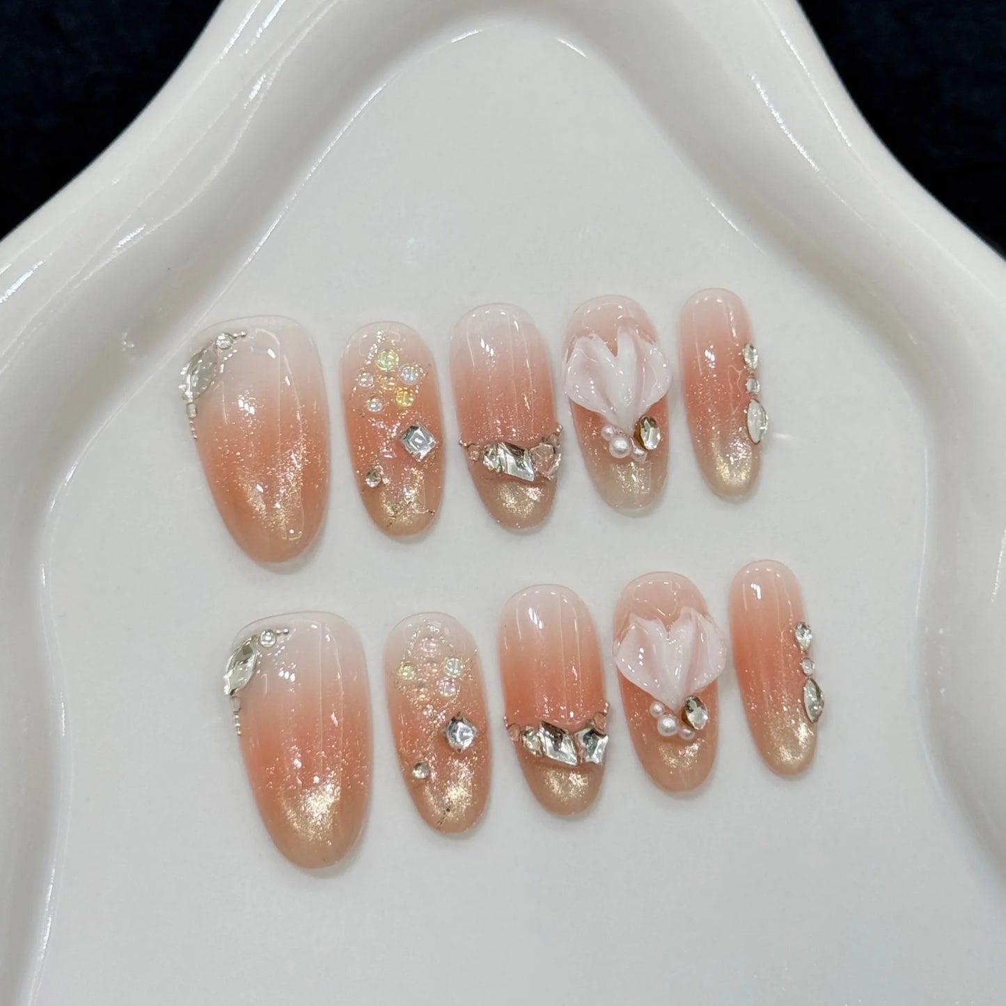 Uñas postizas 3D con diseño de cola de pez, estilo playa, con efecto rubor, estilo ojo de gato, para primavera y verano, de longitud media, totalmente artesanales y fáciles de usar.