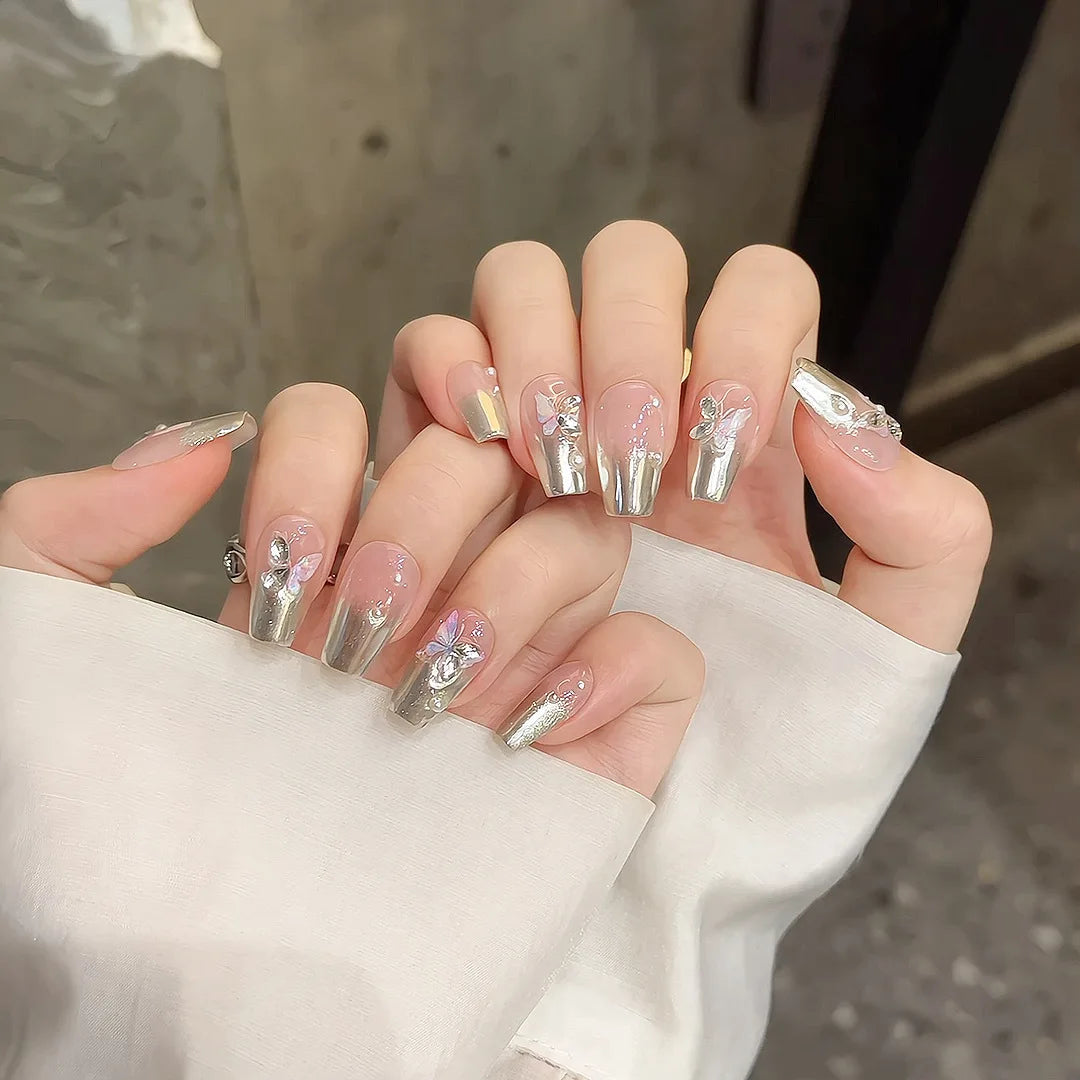 New Fashion Press-On Nails Ballerina Medium Coffin Butterfly Design ABS Acrylic Artificial Fingernails