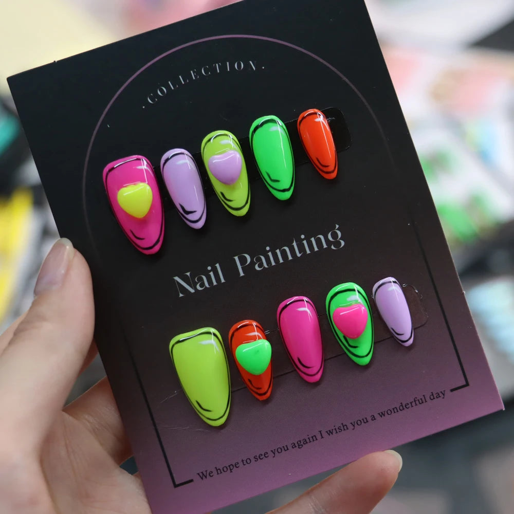 Uñas postizas acrílicas de alta calidad, coloridas, cortas, con forma de corazón de almendra.