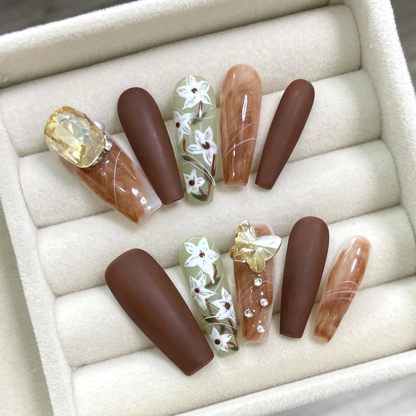 New Style Brown Matte Press on Nails Glitter Rhinestone Luxury Ballet Coffin Handmade False Nails