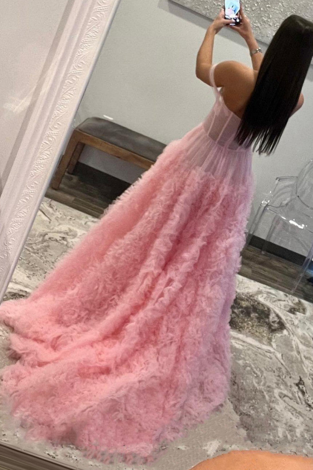 Roycebridal Kenia | Vestido de fiesta de tul con volantes, hombros descubiertos y abertura