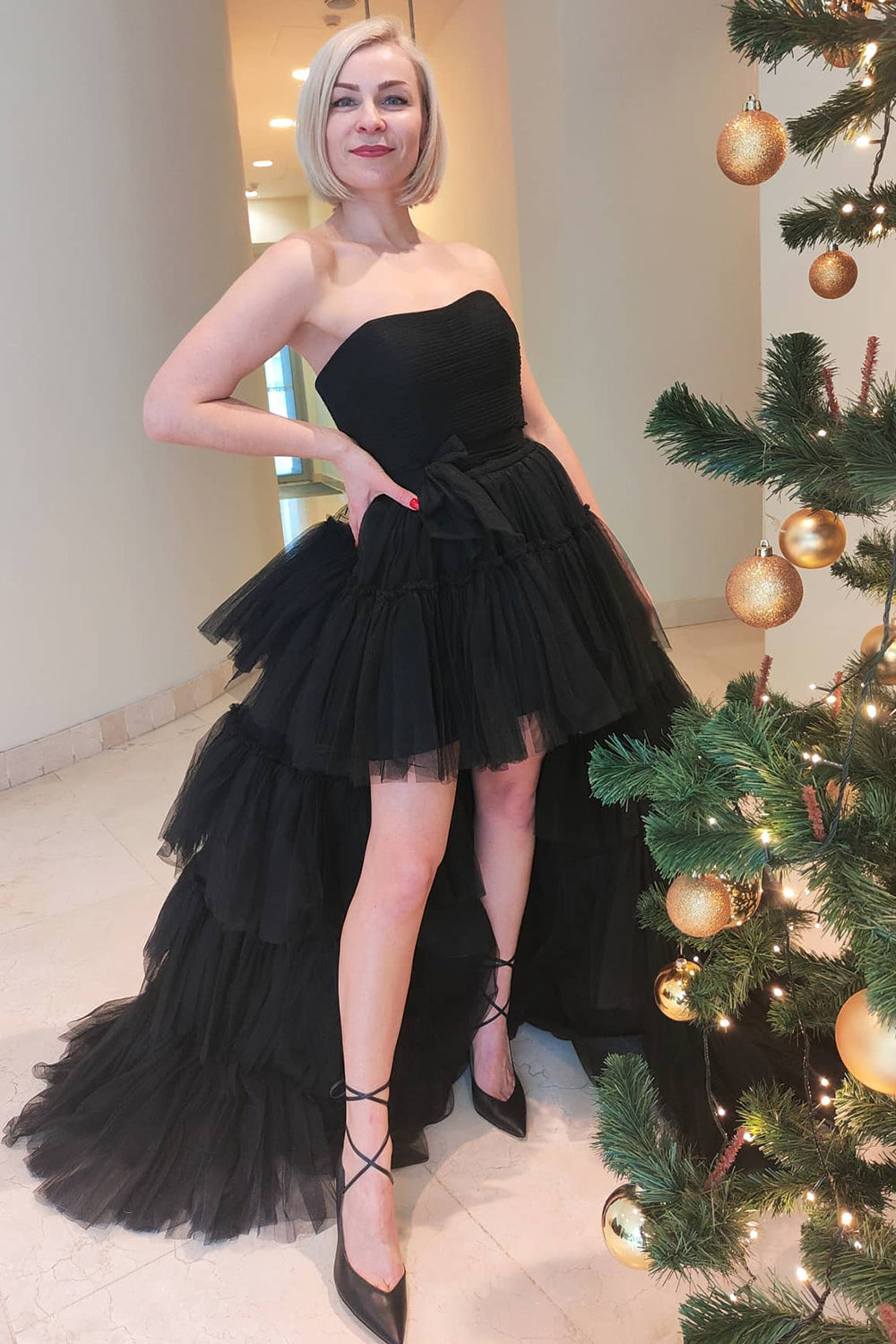 Roycebridal June | Vestido de fiesta de tul con volantes, corte A, sin tirantes y corte alto bajo