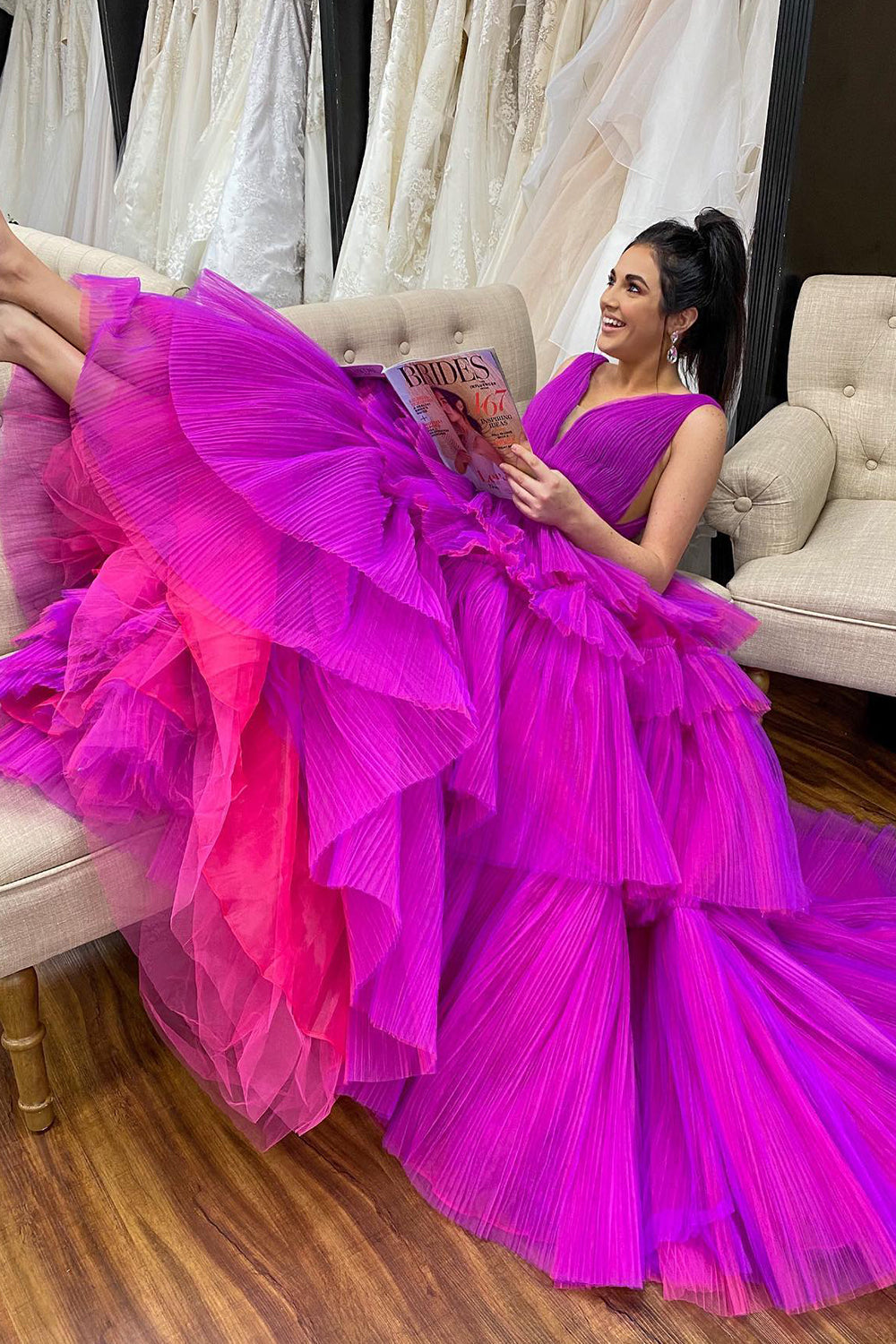 Roycebridal Giana |Vestido de fiesta de graduación de tul escalonado con cuello en V y corte A