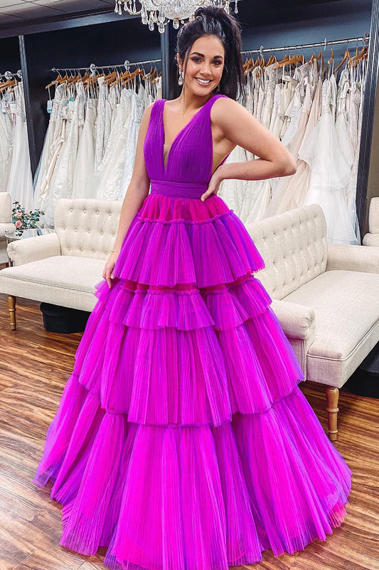 Roycebridal Giana |Vestido de fiesta de graduación de tul escalonado con cuello en V y corte A