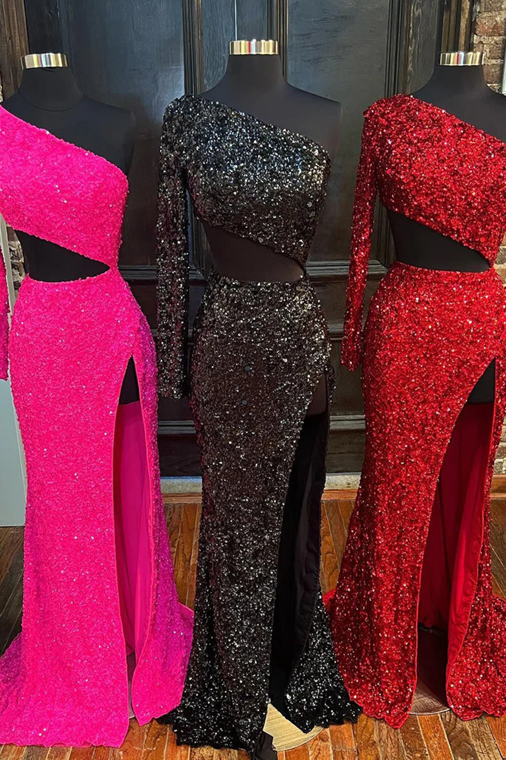 Vestido de fiesta largo con lentejuelas rojas de un solo hombro y limo