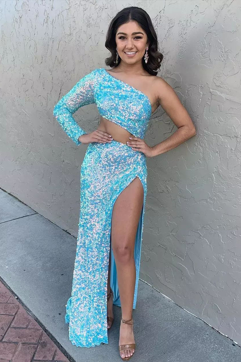 Vestido de fiesta largo con lentejuelas rojas de un solo hombro y limo