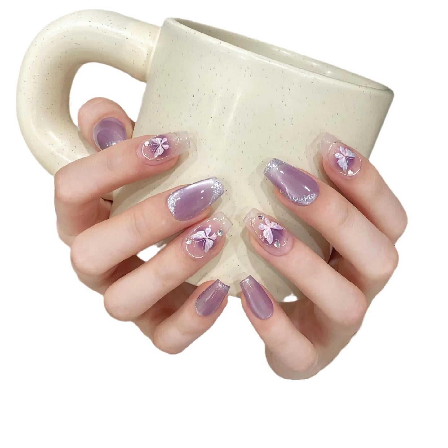 Uñas postizas cortas con diseño de mariposa, pintadas a mano, con diseño de ojo de gato morado y desmontables.