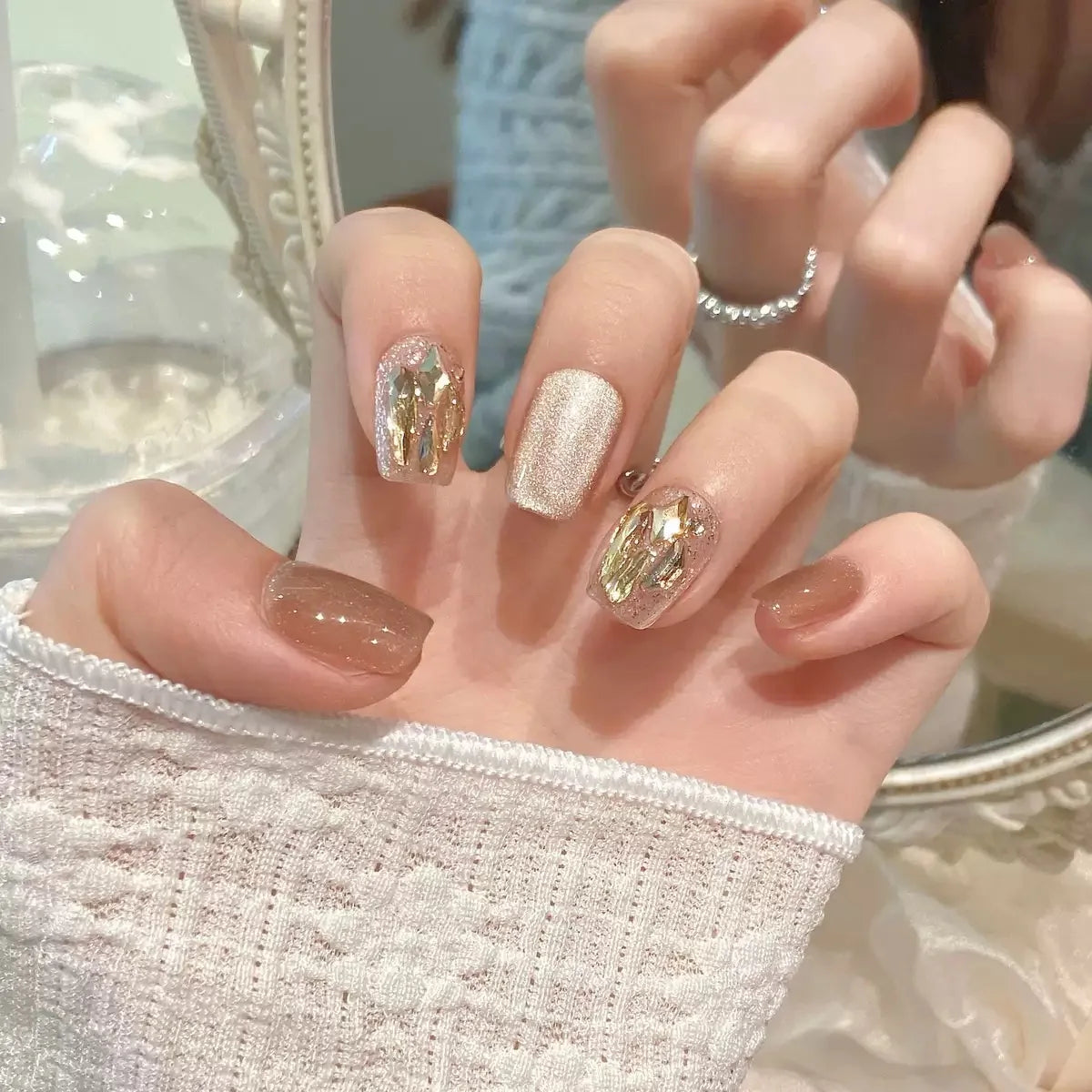 Uñas postizas acrílicas reutilizables, uñas postizas color nude, uñas postizas francesas almendradas