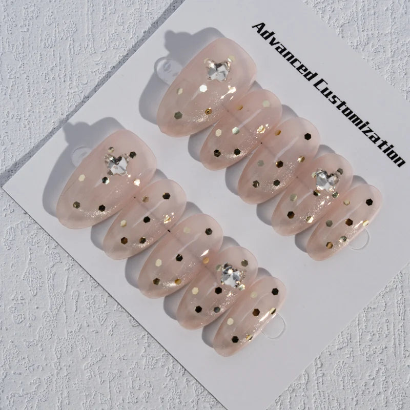 Taladro con diseño decorativo de gotas de agua, almendras, uñas prensadas francesas Hepburn hechas a mano