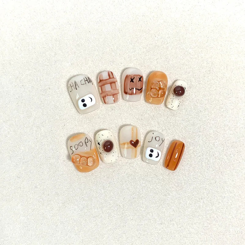 Cartoon Hand-painted Short Handmade Gel Stick on Nails Manicure Patches