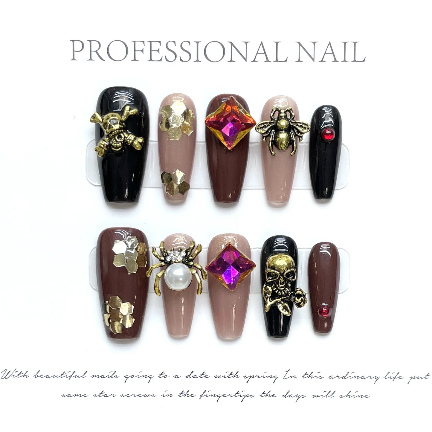 Best Selling Sweet Cool Black Brown Style Stick on Nails 3D Spider Skull Halloween Gel False Nails