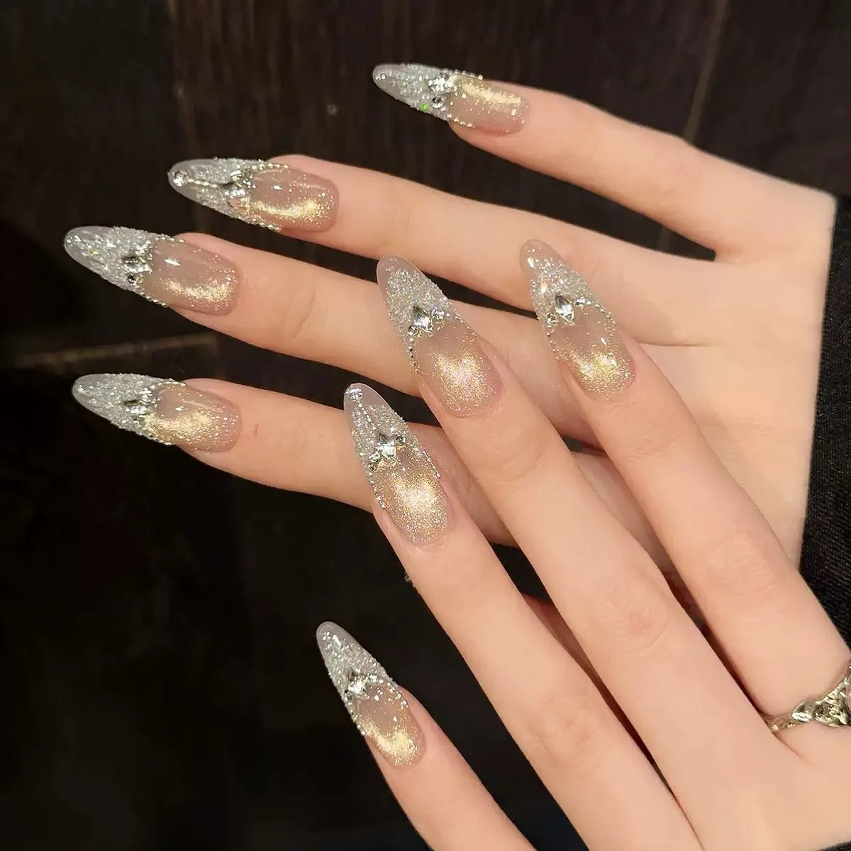 Uñas postizas acrílicas reutilizables, uñas postizas color nude, uñas postizas francesas almendradas