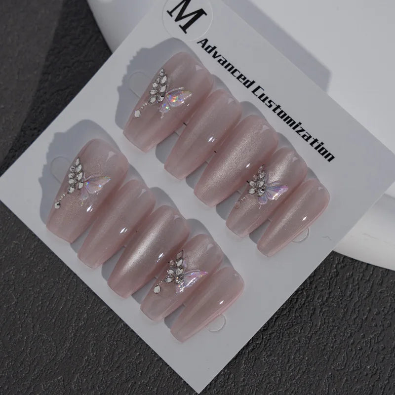 Long pink Coffin Diamond Press on Nails Hand-painted butterfly Acrylic Finger ABS
