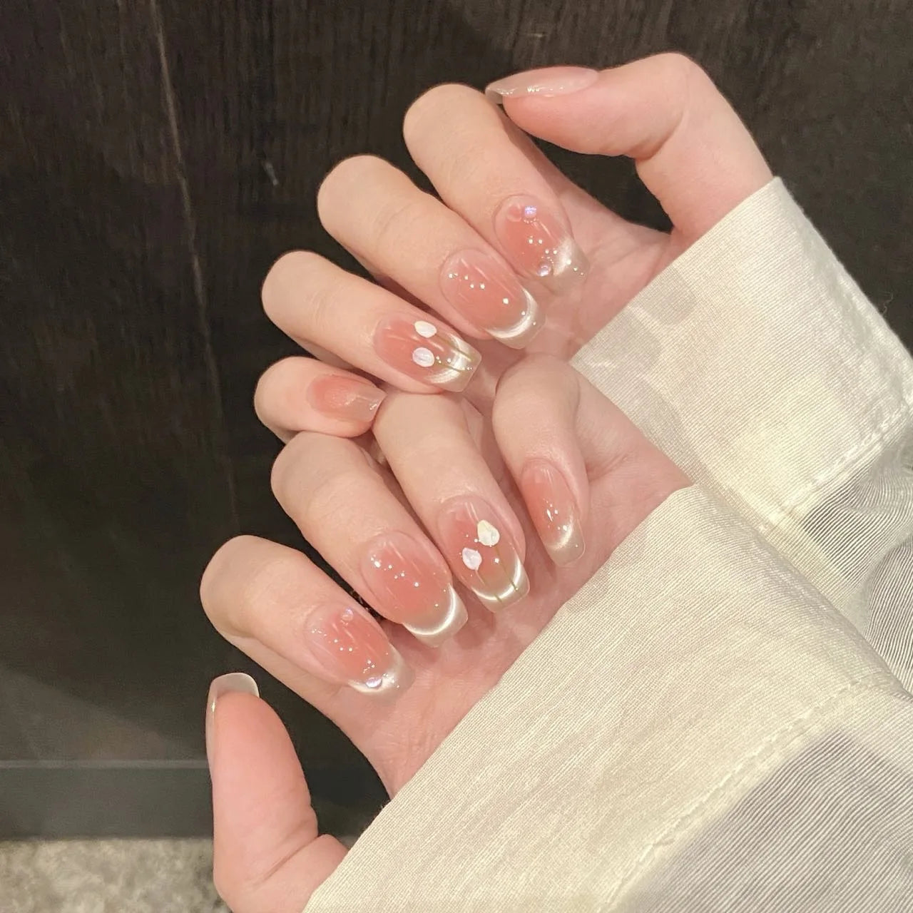 Uñas postizas acrílicas reutilizables, uñas postizas color nude, uñas postizas francesas almendradas