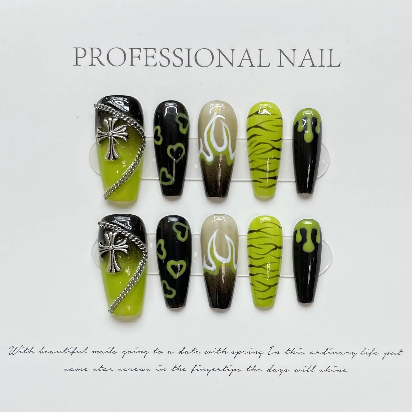 Forest Elf Green Premium White Hand Painted Nail Removable Press on Nail