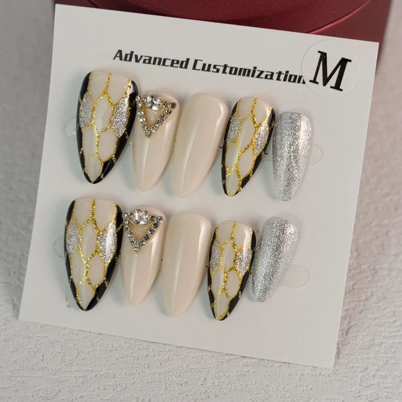 Snake Almond Hand Painted Long Coffins Hand Pressed Nails Repeatable Detachable Nails