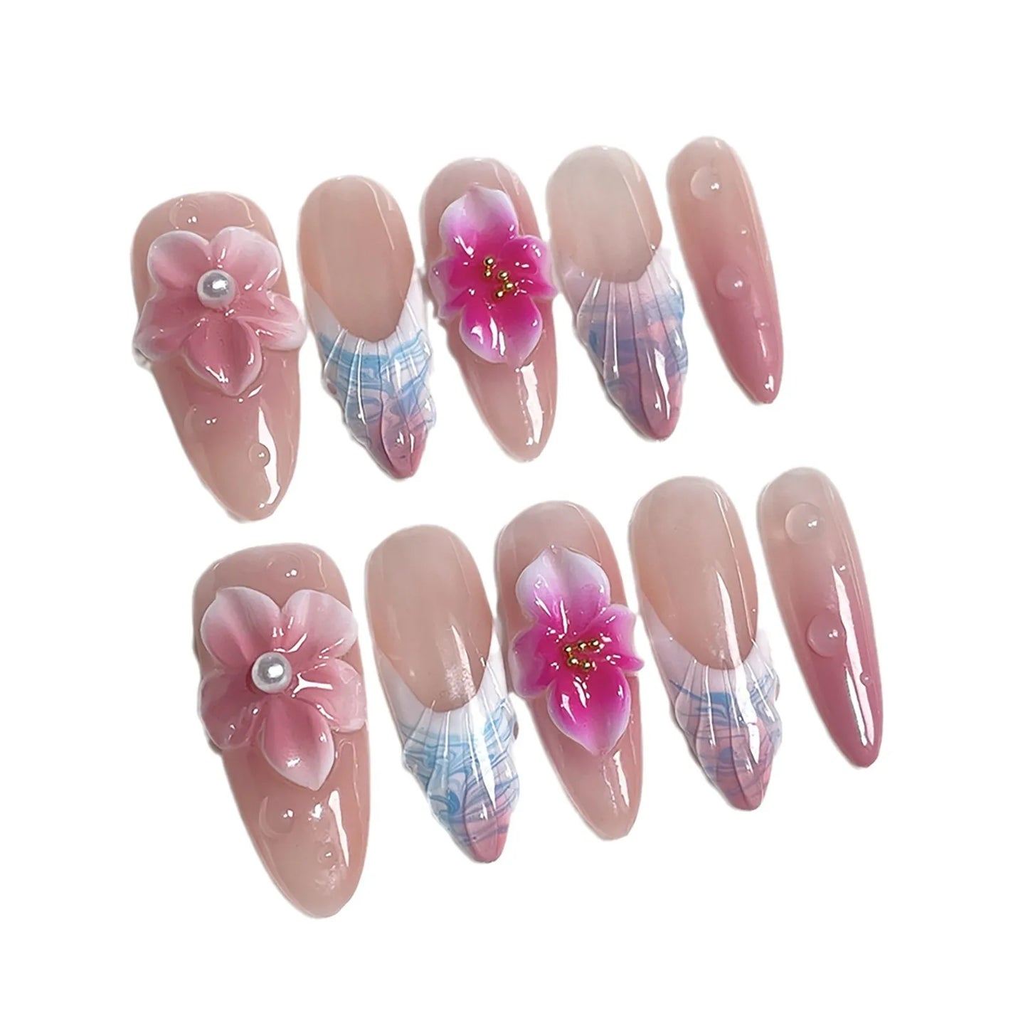 Uñas francesas ruborizadas hechas a mano, parches largos tallados tridimensionales transparentes.