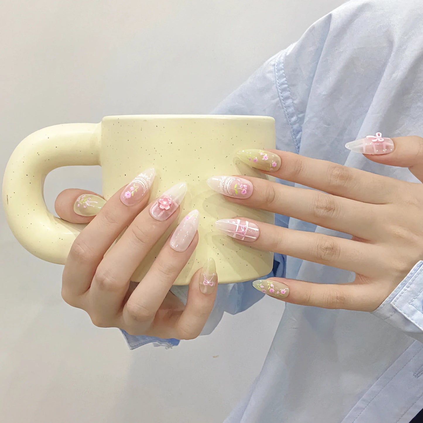 Nuevo estilo, dulce lazo azul, uñas postizas desmontables, hechas a mano, acrílicas, reutilizables, con pegamento, uñas postizas realistas.