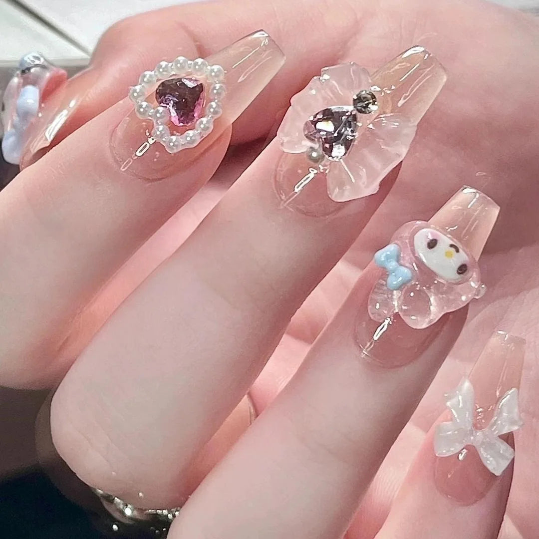 Uñas postizas de gel rosa de dibujos animados, hermosas uñas kawaii lindas, uñas adhesivas