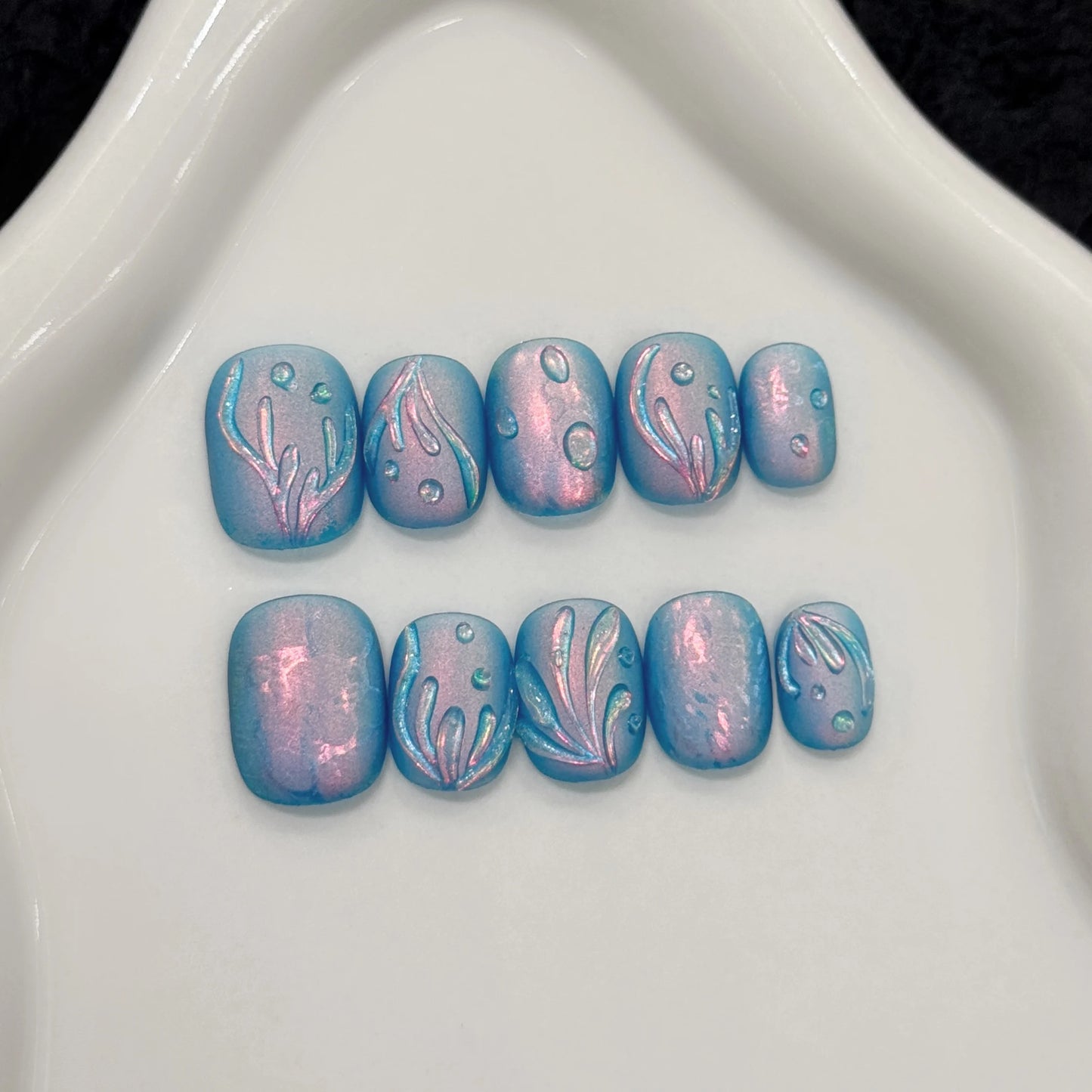 Uñas postizas de gel acrílico artificiales de alta calidad, color azul océano Y2K, redondas y cortas, 10 unidades, hechas a mano, con logotipo personalizado.