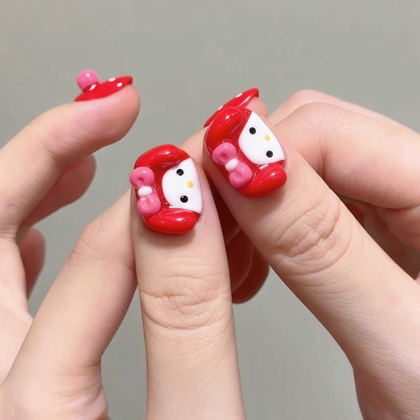 Uñas postizas de gel cortas de primera calidad, hechas a mano, con diseño de dibujos animados, para niñas, uñas artificiales 3D con diseño de lunares.