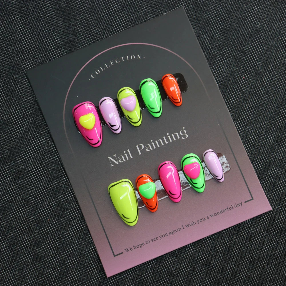 Uñas postizas acrílicas de alta calidad, coloridas, cortas, con forma de corazón de almendra.