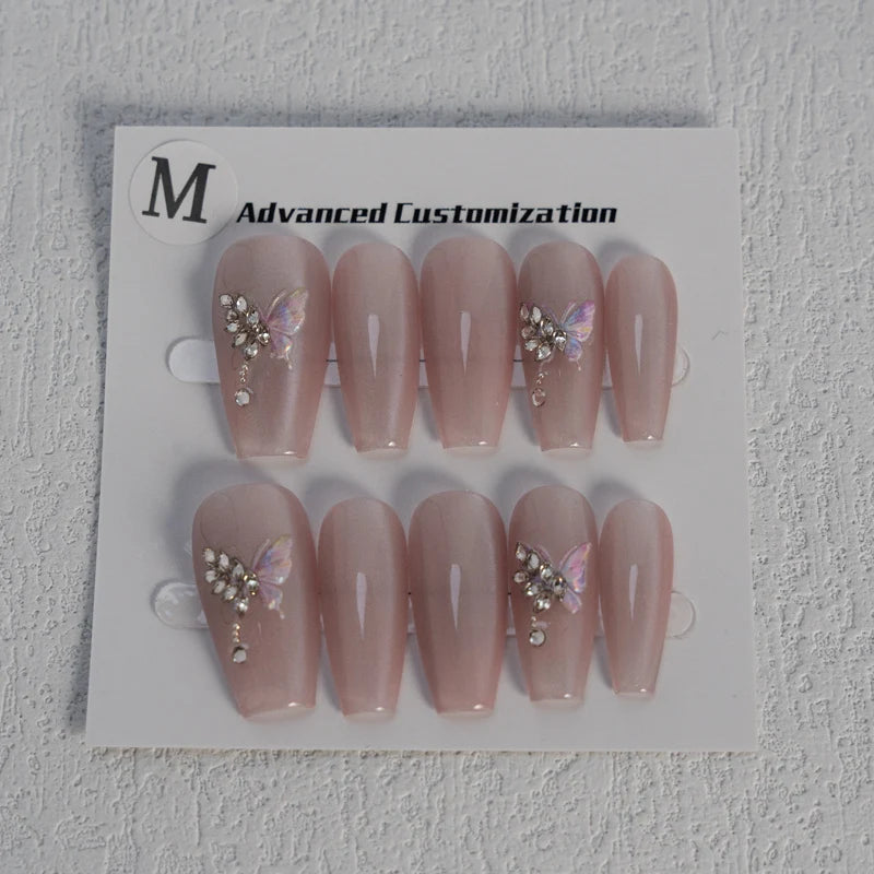 Long pink Coffin Diamond Press on Nails Hand-painted butterfly Acrylic Finger ABS