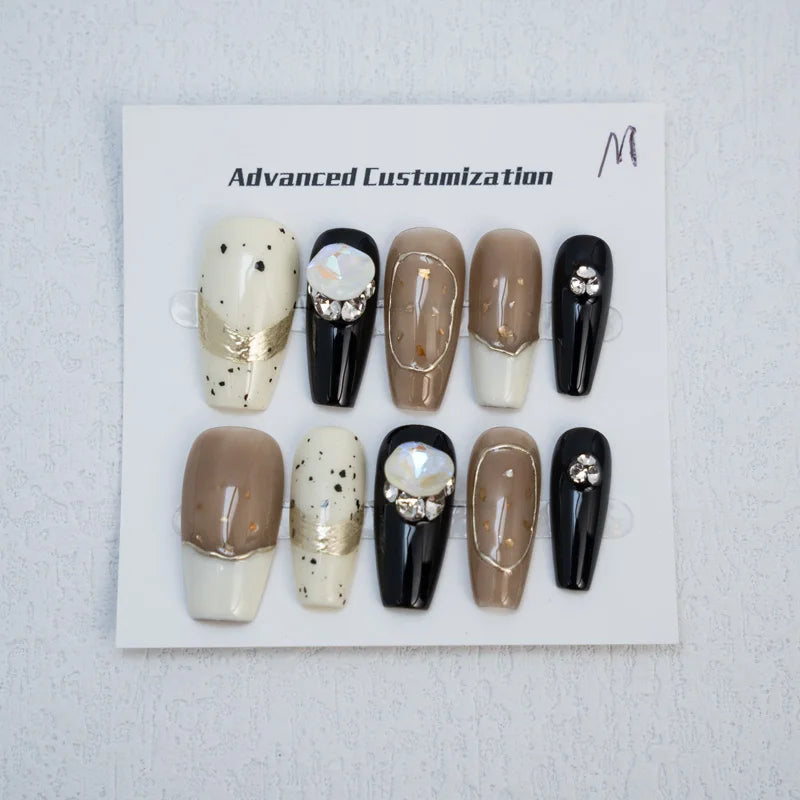 10 uñas postizas artificiales con diseño de uñas de imitación de lujo con brillo mate.