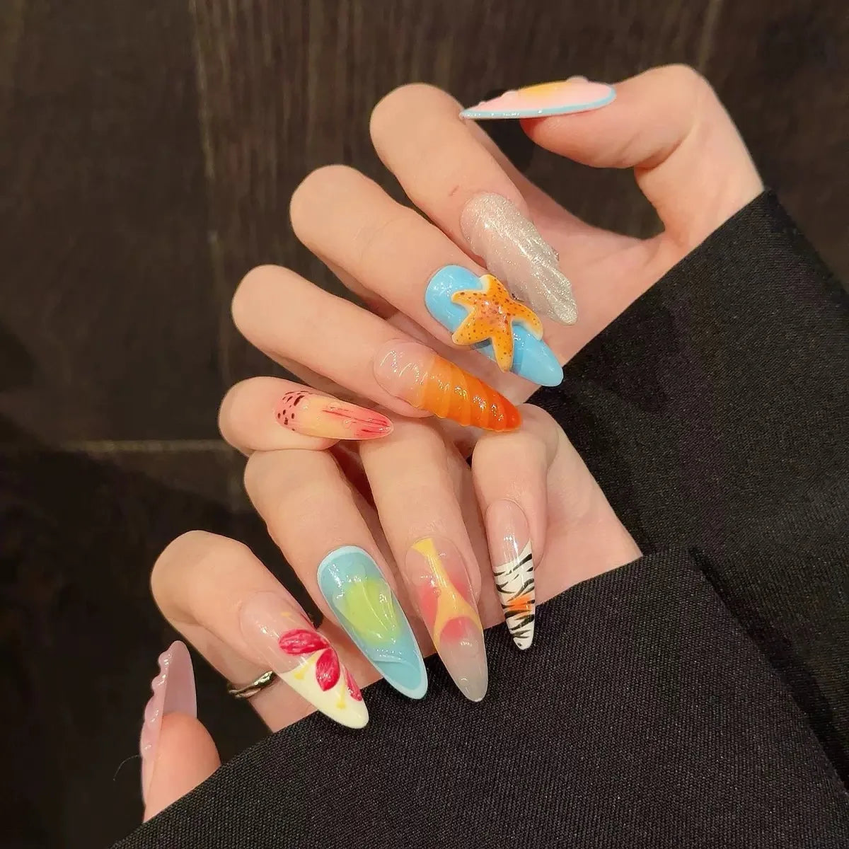 Uñas postizas acrílicas reutilizables, uñas postizas color nude, uñas postizas francesas almendradas