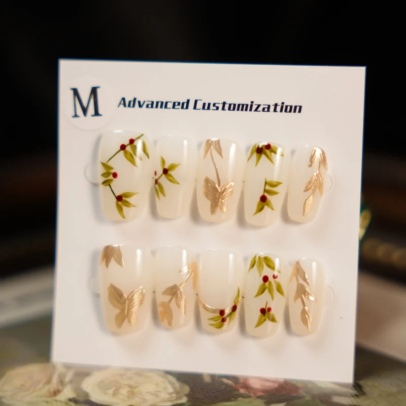 Pure Hand Painting Aesthetic Flowers Artificial Nails Handmade False Nails