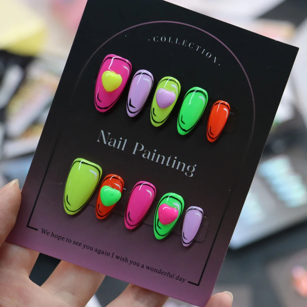 Uñas postizas acrílicas de alta calidad, coloridas, cortas, con forma de corazón de almendra.