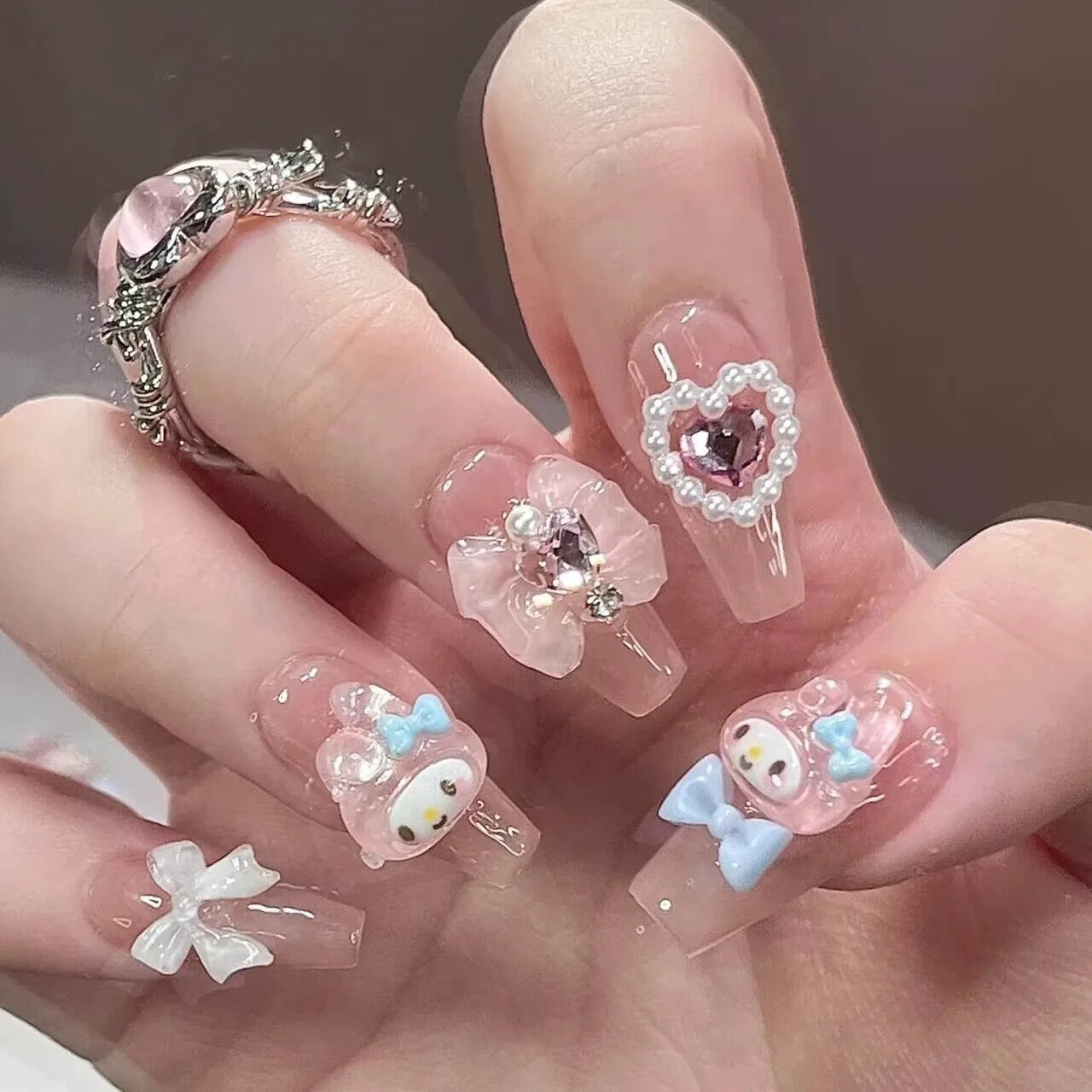Uñas postizas de gel rosa de dibujos animados, hermosas uñas kawaii lindas, uñas adhesivas