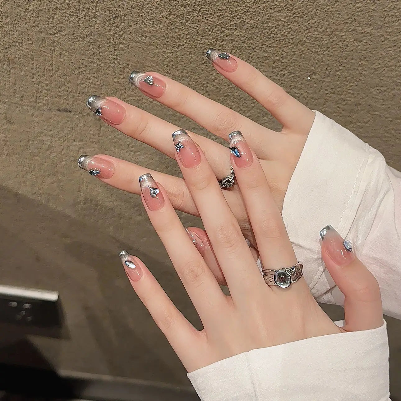 Uñas postizas artificiales de alta calidad con purpurina, reutilizables y desmontables, de lujo, en color rosa ojo de gato.