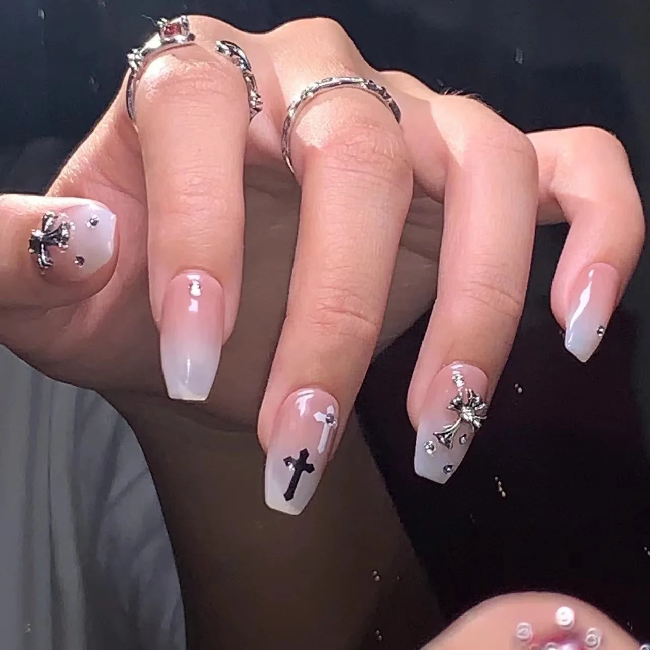 Uñas postizas francesas de gel de cobertura completa, reutilizables, con purpurina desmontable, de lujo, personalizadas, hechas a mano.