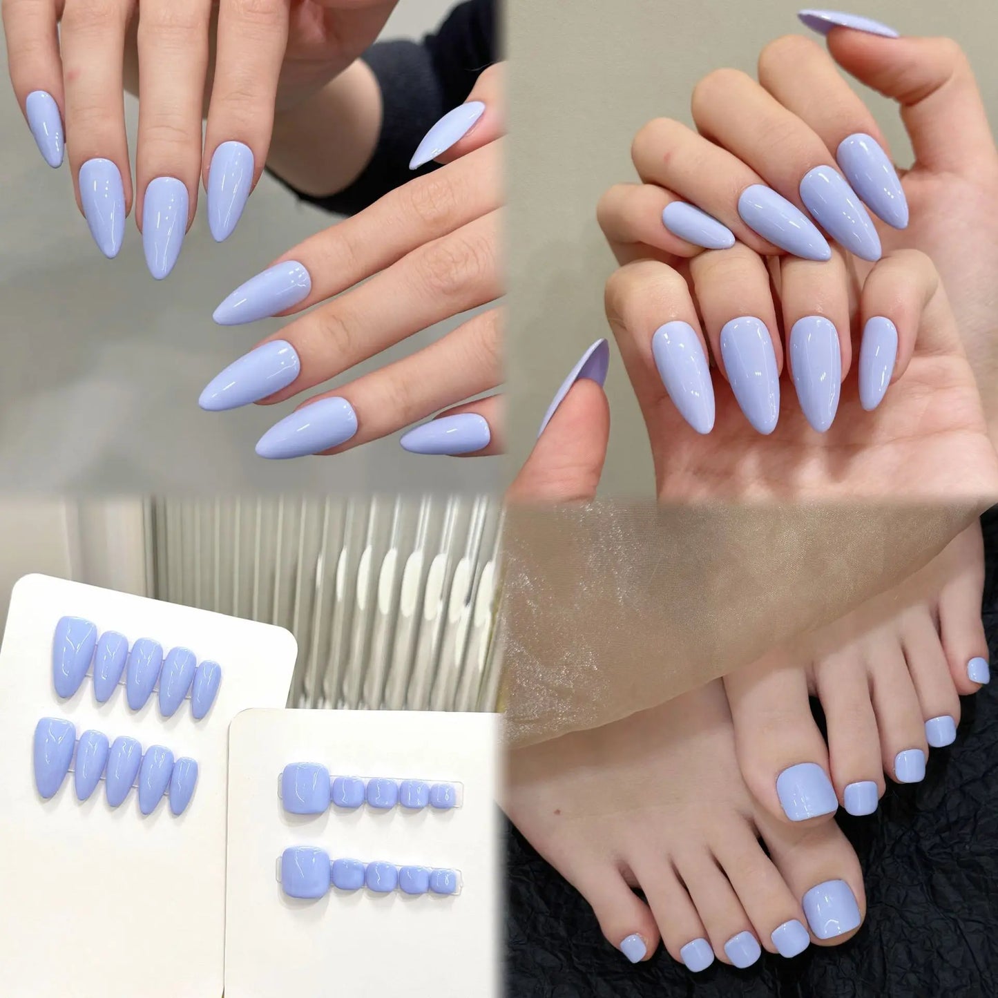 Uñas prensadas hechas a mano, sencillas y elegantes, con forma de almendra en morado claro para uso diario.