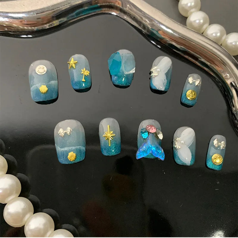 New Style Purely Handmade ABS Fully Transparent Summer Blue Mermaid Gel Artificial Nail Tips